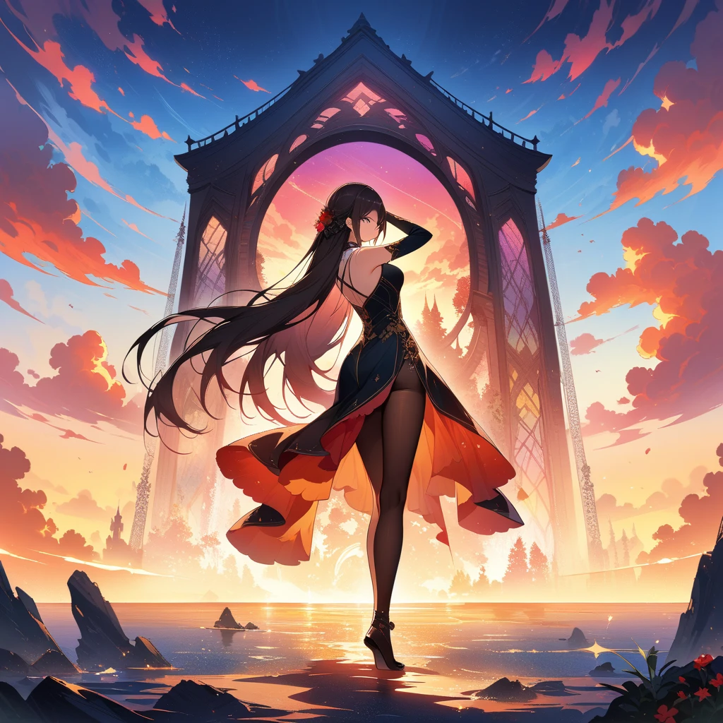 A girl standing in a split position, creating a beautiful silhouette art against the backdrop of a stunning sunset. The image should enhance the beauty of the girl's pose and showcase the intricate details of her body. The art should be a masterpiece, exhibiting the best quality with a 1.2x boost. The girl should be the sole focus of the image, capturing her elegance and grace. The use of multiple exposures can be incorporated to add depth and complexity to the composition. The overall scene should evoke a sense of unity and represent a professional and official artwork. The end result should be a high-resolution 8k wallpaper with vibrant colors and sharp focus, bringing out the beauty of this masterpiece.