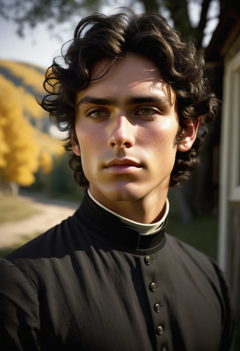 (highly detailed, soft light, photorealistic, dynamic light; cinematic); victorian era; 1820s; 24 years old man; Greek; 1820s Anglican priest; incredibly attractive; dark and brooding; masculine yet beautiful; helpless longing stare; confused expression; Adonis; moody; intense; hooked Greek nose; sensual; amorous air; very attractive; lean figure; olive skin; stubble; hazel-green eyes; thick strong dark-brown eyebrows; long shaped 1820s sideburns; short tousled dark-brown wavy hair; full luscious moist lips, parted; mouth slightly open; standing in a rustic 1820's Canadian riverside settlement in fine weather; sunshine in hair; wearing an 1820's Anglican priest's cassock and collar; looking at camera