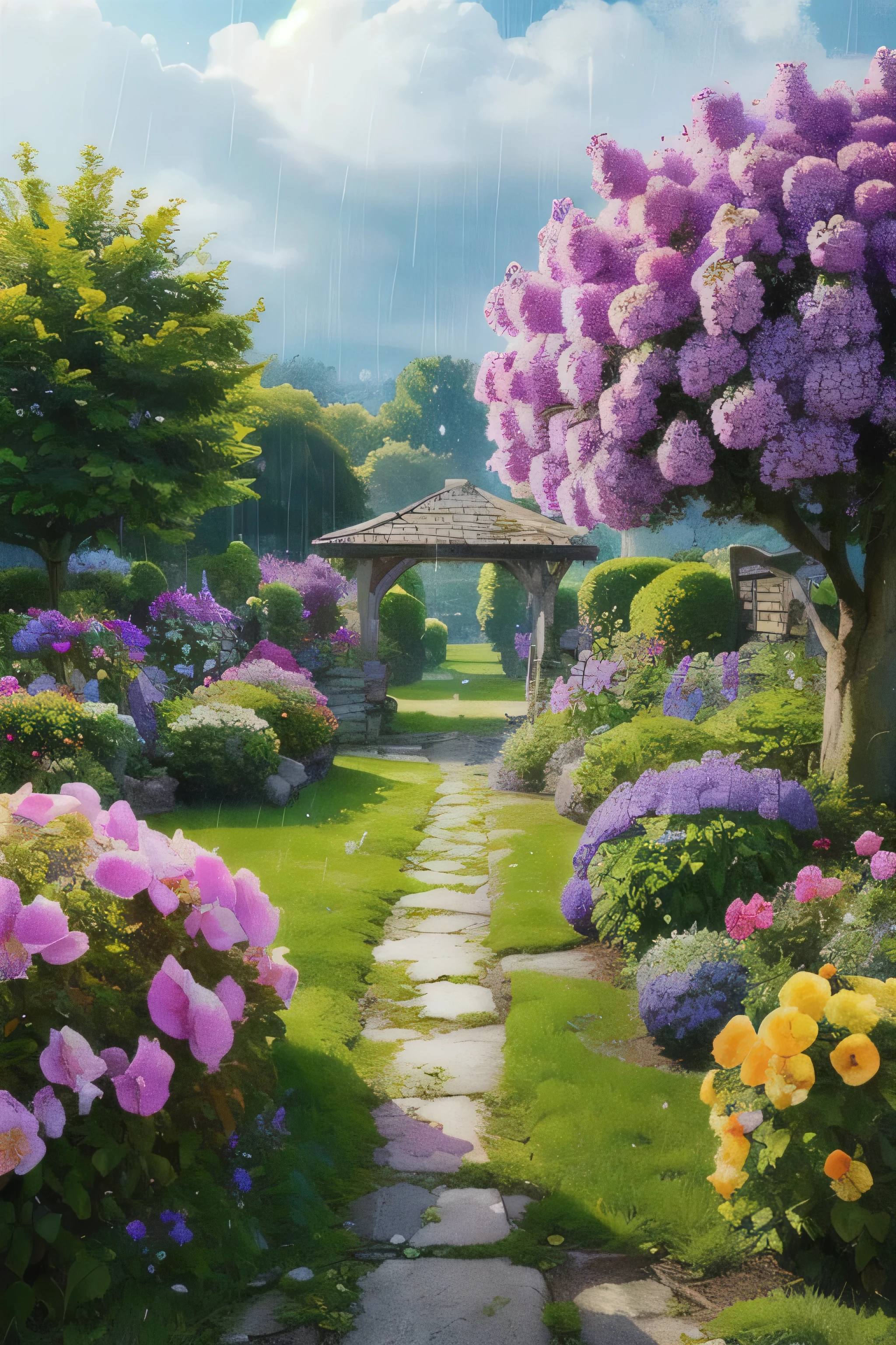 (realistic:1.5) Edub fairy tale landscape, rain, scenery, null, hydrangea, dated, purple flowers, sign, Remains, garden, green theme,