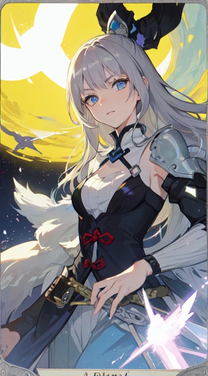 22-year-old female, Medium to long silver hair, blue eyes, swordsman, black light, Princess, Make it like tarot anime style but without the frame, sharp eyes , Double swords, silver energy, silver particles, Moonlight Slash