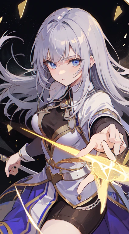 22-year-old female, Medium to long silver hair, blue eyes, swordsman, black light, Princess, Make it like tarot anime style but without the frame, sharp eyes , Double swords, silver energy, silver particles, Moonlight Slash