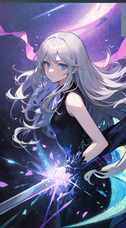 (masterpiece)、(absurdres)、(ultra detailed)、solo lady、dark blonde hair:1.2,(straight long hair)、BREAK、(shiny blue eyes:1.0)、BREAK、(athletic)、[flat chest]、(during:0.9)、(pierce:0.8)、(bracelet:0.7)、BREAK,(A large white flash of lightning on his neck)、(A large amount of white and pink petals floating in the air:1.2)、BREAK,cowboy shot,serious,
