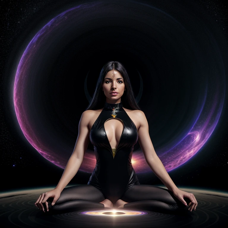  Black Hole goddess sitting in the lotus asana,  Space goddess,  mystical energy aura,portrait, masterpiece, 8k resolution, warp space background, Caza art, digital art