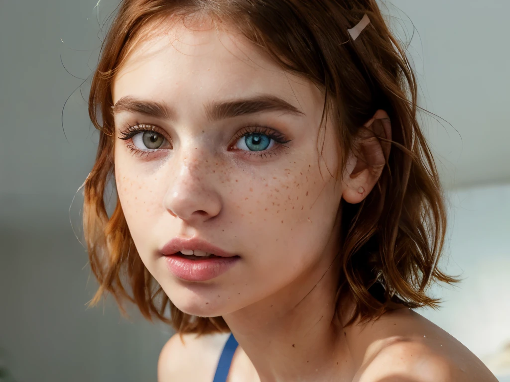 20-year-old girl, angelic face, ((heterochromia)), (1 light brown iris and 1 soft blue iris), super defined eyes, marked freckles, orange red hair color, serious expression, short neck-length hair, short and messy hair, defined nose, abundant eyelashes , abundant eyebrows, super defined lips, perfect lips, natural lips, natural lighting, pronounced cheekbones, defined jaw, white background, soft freckles, cute and light freckles, rosy cheeks, Extremely Realistic, natural face, loose hair, realism, photorealistic, REALISTIC, Realistic, emily ratajkowski lips, lily collins eyebrows, detailed face, heterochromia, heterochromia_iridum, different_colored_eyes.