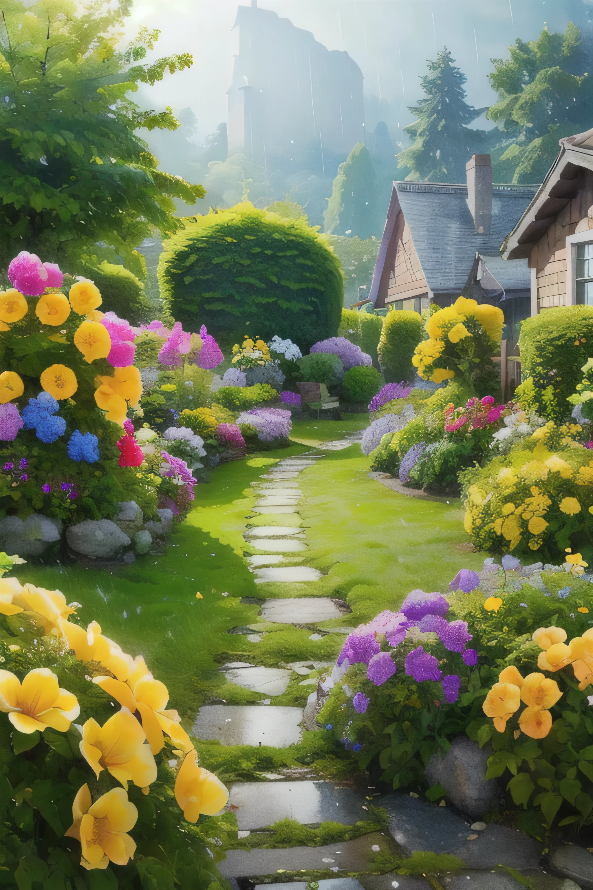 (realistic:1.5) Edub fairy tale landscape, rain, scenery, null, hydrangea, Yellow Flower、 purple flowers, sign, Remains, garden, green theme,
