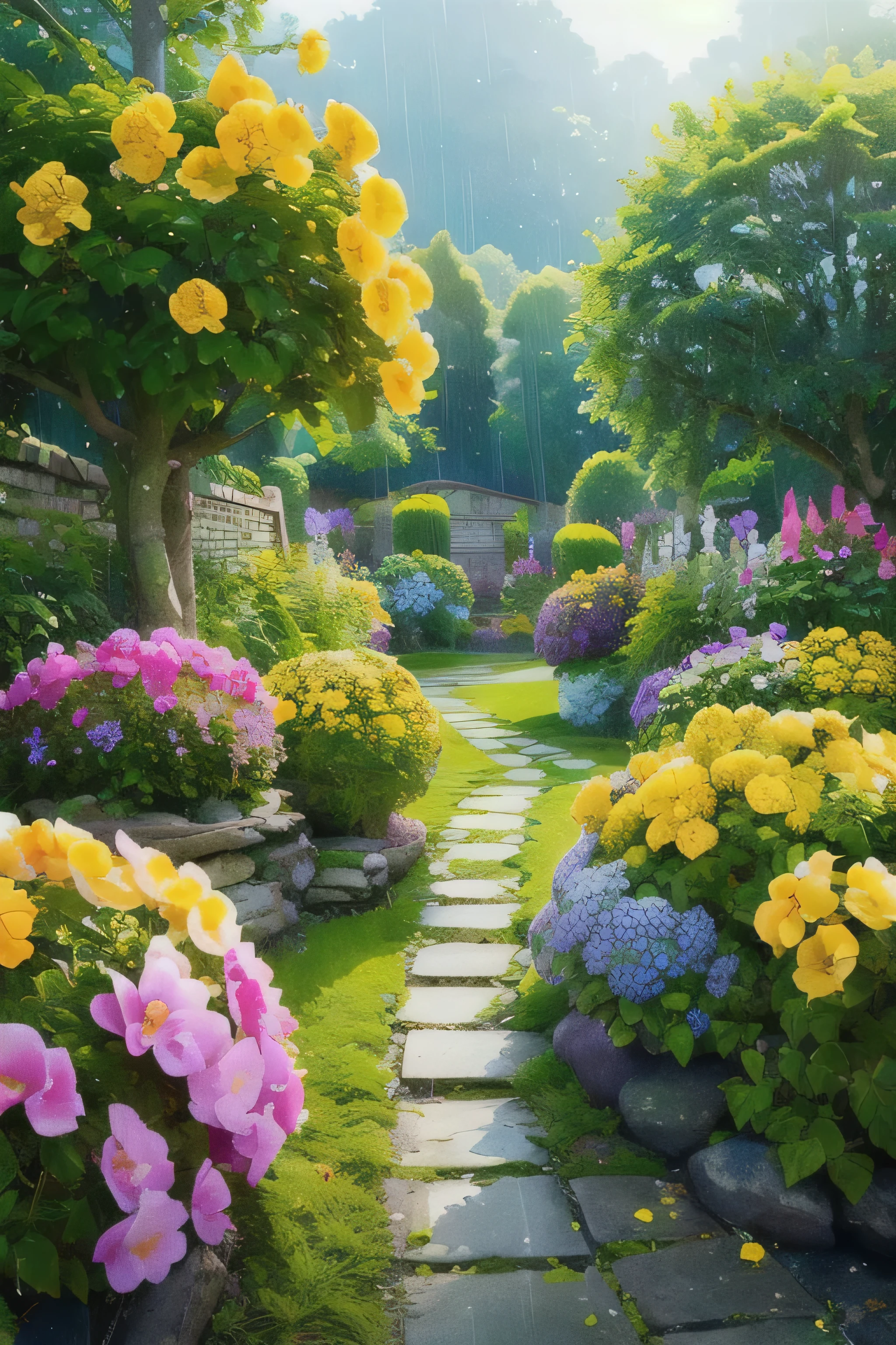 (realistic:1.5) Edub fairy tale landscape, rain, scenery, null, hydrangea, Yellow Flower、 purple flowers, sign, Remains, garden, green theme, 