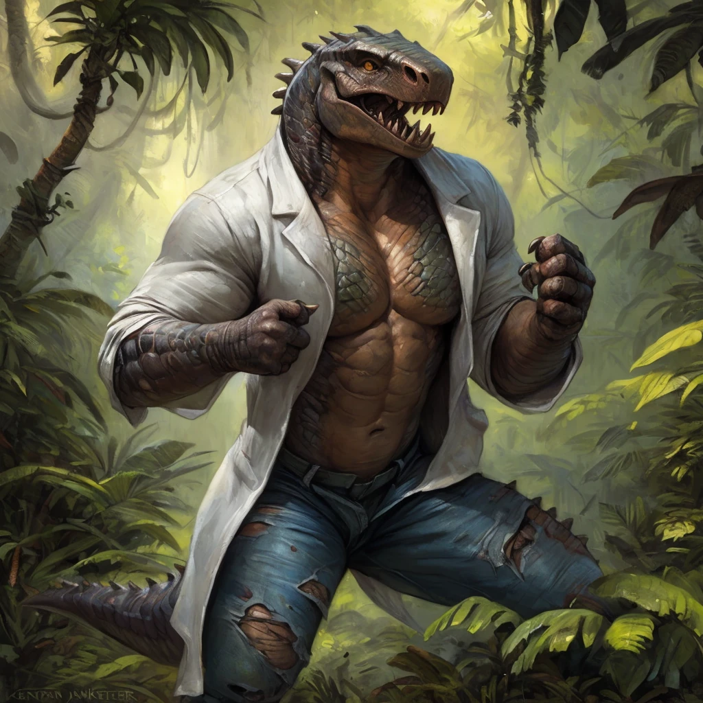 Solo, dunkleosteus, (shocked:0.4), in pain, (torn lab coat, torn pants), (looking at own hands), jungle, (looking at self), thick scales, by kenket, by darkgem, muscular, by taran fiddler, 