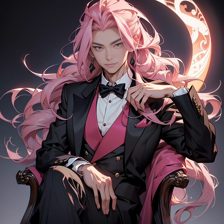 Chinese Male Anime Style Illustration: A handsome guy with long pink hair flows in the middle wind. He exudes a Dracula-like elegance with a cool tuxedo on, looking directly at the camera with a confident smile. The background is a mysterious, highest quality, ultra high resolution output image of a dark love hotel-style space adorned with cherry blossom trees. The first priority is to get the fingers right and accurate for this beautiful, relaxed male character. His son, with a beautiful face resembling a young woman, has long pink hair and holding a black rose. The tuxedo suits him well, and he sits on a heavy-duty deep chair with long legs and