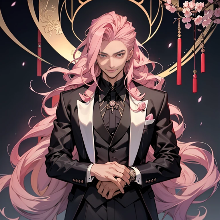 Chinese Male Anime Style Illustration: A handsome guy with long pink hair flows in the middle wind. He exudes a Dracula-like elegance with a cool tuxedo on, looking directly at the camera with a confident smile. The background is a mysterious, highest quality, ultra high resolution output image of a dark love hotel-style space adorned with cherry blossom trees. The first priority is to get the fingers right and accurate for this beautiful, relaxed male character. His son, with a beautiful face resembling a young woman, has long pink hair and holding a black rose. The tuxedo suits him well, and he sits on a heavy-duty deep chair with long legs and