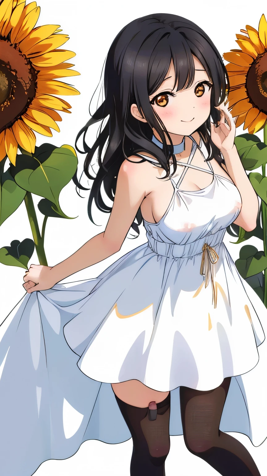 1 girl, alone,  brown eyes, black hair, long hair,half up、 (white dress:1.4),Sunflower field, Sunflower fieldの前に立つ、blue sky、very big breasts、expose one&#39;s chest、Bare your breasts、nipples are transparent、blush、embarrassing、scared face、in trouble、smile、A lot of milk comes out of the nipples、Breast milk squirts out of the nipples、very short skirt、micro mini skirt、The shape of a woman&#39;s private parts is clearly visible、vibrator in thighhighs、No panties、Straw hat