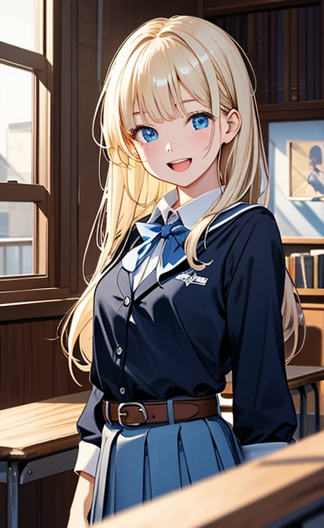 (realistic:1.4、​masterpiece、top-quality、8k size wallpaper、offcial art)、(portrait,cowboy shot:1.6)、(1girl),(happy,Open mouth:1.3),(half closed eyes),cute face,blue eyes、(arms behind head:1.3)、
,(stand),(Shining smile),
,(slender),(school uniform),(long fluorescence blonde hair1.3), (small breasts)、
、fluorescence、classroom,JK、