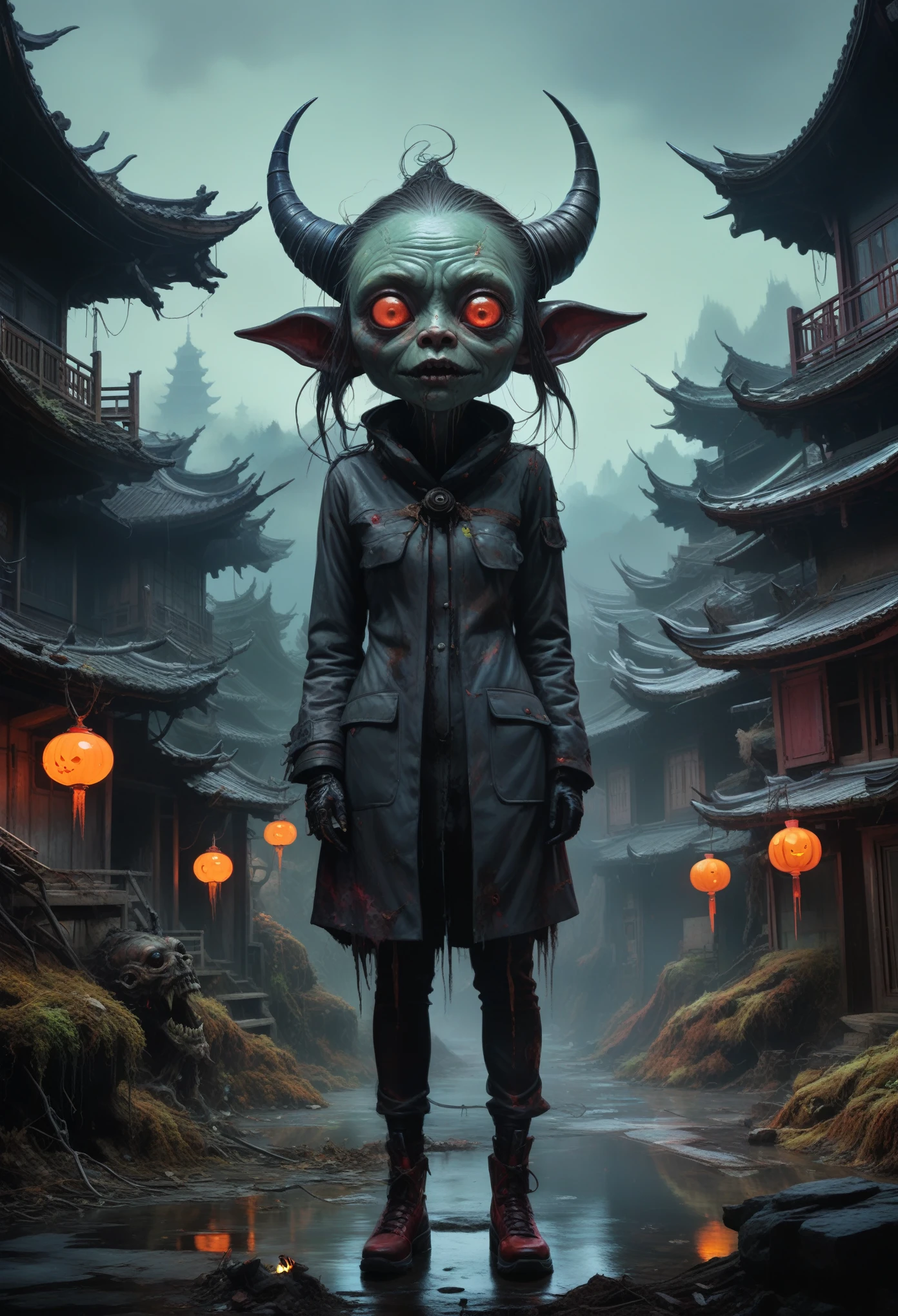 portrait of the most beautiful form of chaos, elegant, a brutalist designed, vivid colours, romanticism, by apterus, (apterus creepy anatomy:1.3), ((ahegao)), rolling_eyes, ((head down)), sharp teeth, maniacal laughter, ((decay and spooky)), atmospheric, trending on artstation, masterpiece, ((symmetry)), death, decay, vengeful japanese ghost, spooky dark village,full body length,opal girl,ogre ,pretty face,eyebrow up,full body shot,ominous Cleavelandite landscape,niobium gray atmosphere,by art Simon Stalenhag,Nicola Samori,(((Wangechi Mutu))),prime colors,urban,extremely detailed,masterpiece,intricate details,faded,eyes extremely detailed, high detailed eyes,16k resolution,RAW, Nikon Z9,scary village,goblin,Zhangjiajie National Forest Park of China