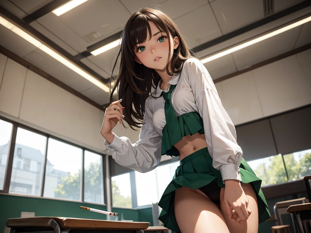 ultra high definition, best quality, masterpiece, highres, artstation, concept art, smooth, sharp focus, illustration, a girl in school, brown hair, green eyes, wide eyes, (small breast), (small hips), (small ass), (small girl), long skirt, white top, classroom, ((she smokes a cigarette)), (we see her from below), provocative pose, sexy pose,