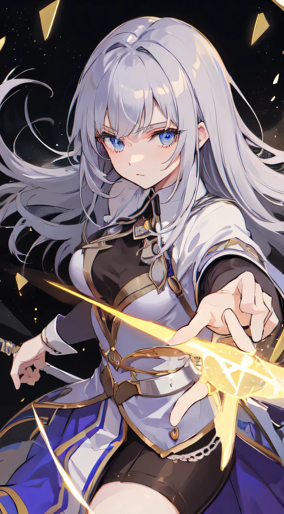 22-year-old female, Medium to long silver hair, blue eyes, swordsman, black light, Princess, Make it like tarot anime style but without the frame, sharp eyes , Double swords, silver energy, silver particles, Moonlight Slash