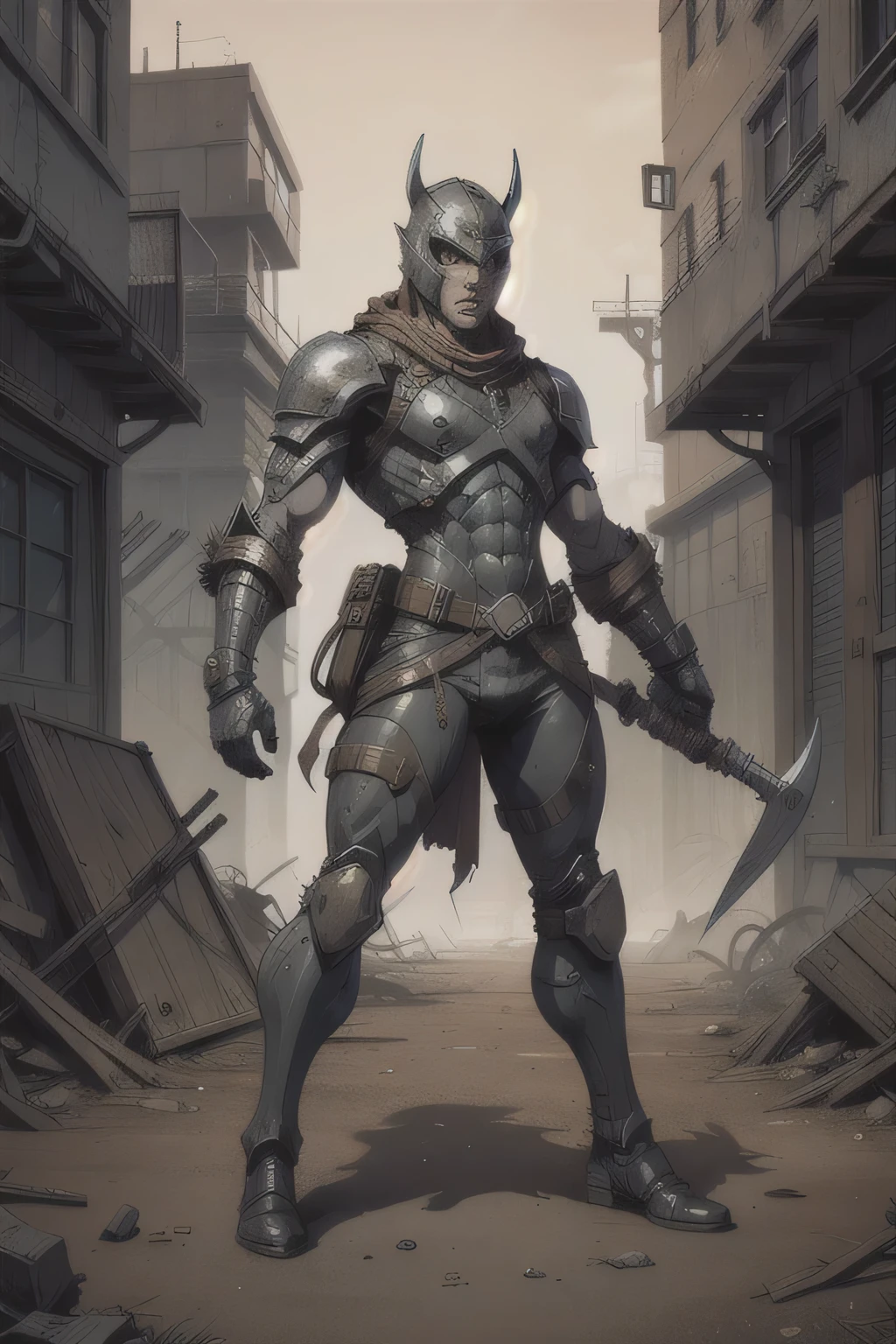 Personagem um jovem rapaz , of a post-apocalyptic world , usando uma armadura de guerra