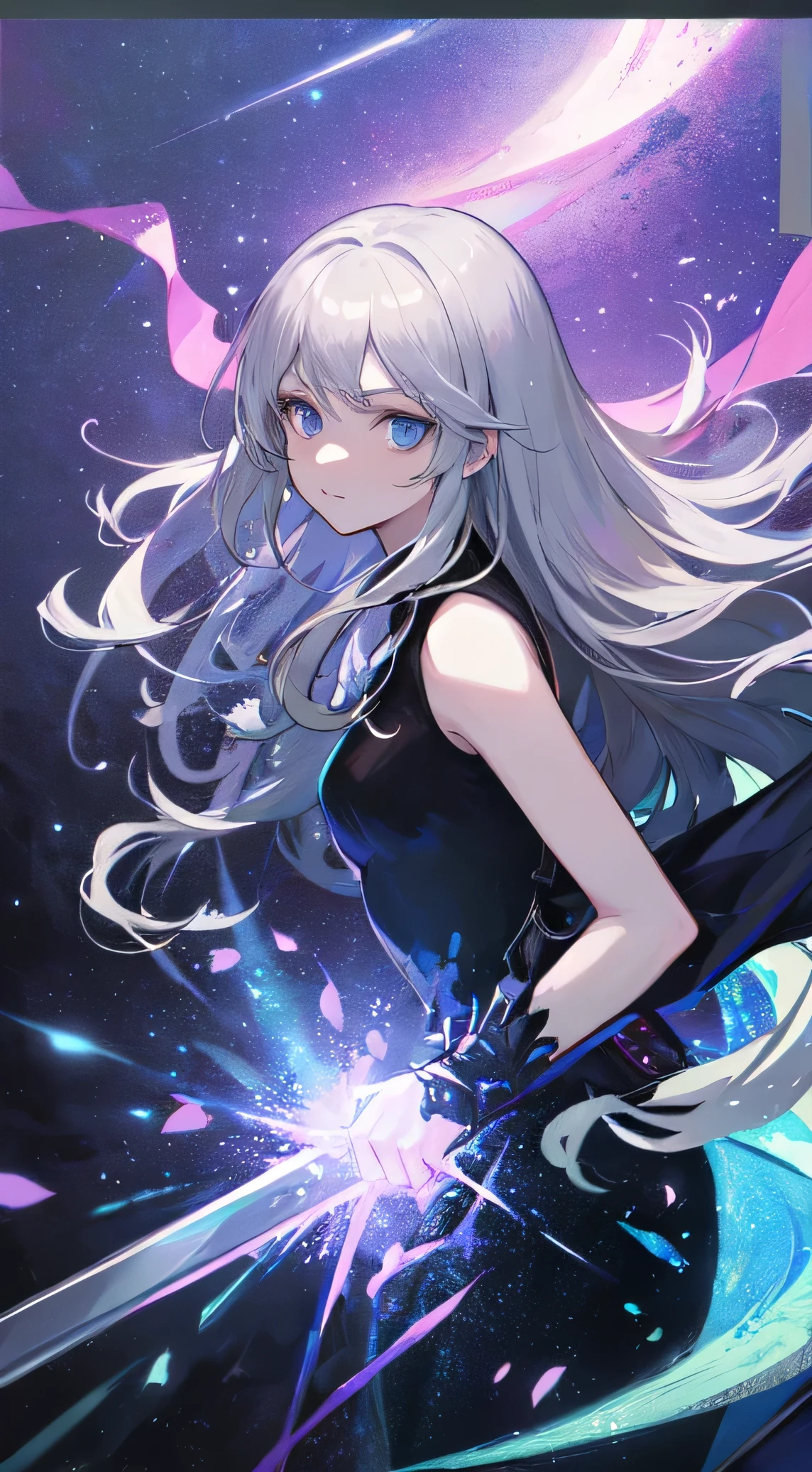 22-year-old female, Medium to long silver hair, blue eyes, swordsman, black light, Princess, Make it like tarot anime style but without the frame, sharp eyes , Double swords, silver energy, silver particles, Moonlight Slash