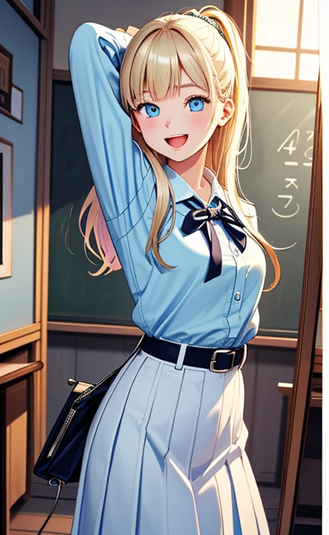 (realistic:1.4、​masterpiece、top-quality、8k size wallpaper、offcial art)、(portrait,cowboy shot:1.6)、(1girl),(happy,Open mouth:1.3),(half closed eyes),cute face,blue eyes、(arms behind head:1.3)、
,(stand),(Shining smile),
,(slender),(school uniform),(long fluorescence blonde hair1.3), (small breasts)、
、fluorescence、classroom,JK、