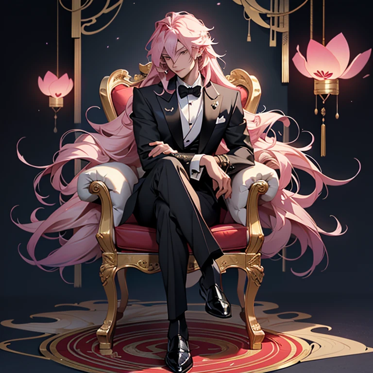Chinese Male Anime Illustration: A handsome guy with long pink hair, standing confidently in a dark space dressed in a cool tuxedo. He is holding a black rose and looking directly at the camera with a relaxed golden smile. The background is an ultra-mysterious, highest quality, 8K output image of a love hotel-style space illuminated by cherry blossoms. His beautiful fingers are accurately depicted, prioritized in the illustration's creation. From the front, he sits on a heavy-duty deep chair, showing off his long legs and shiny business shoes. The main focus is on his black rose. Despite being in a dark room, the gold in the tuxedo