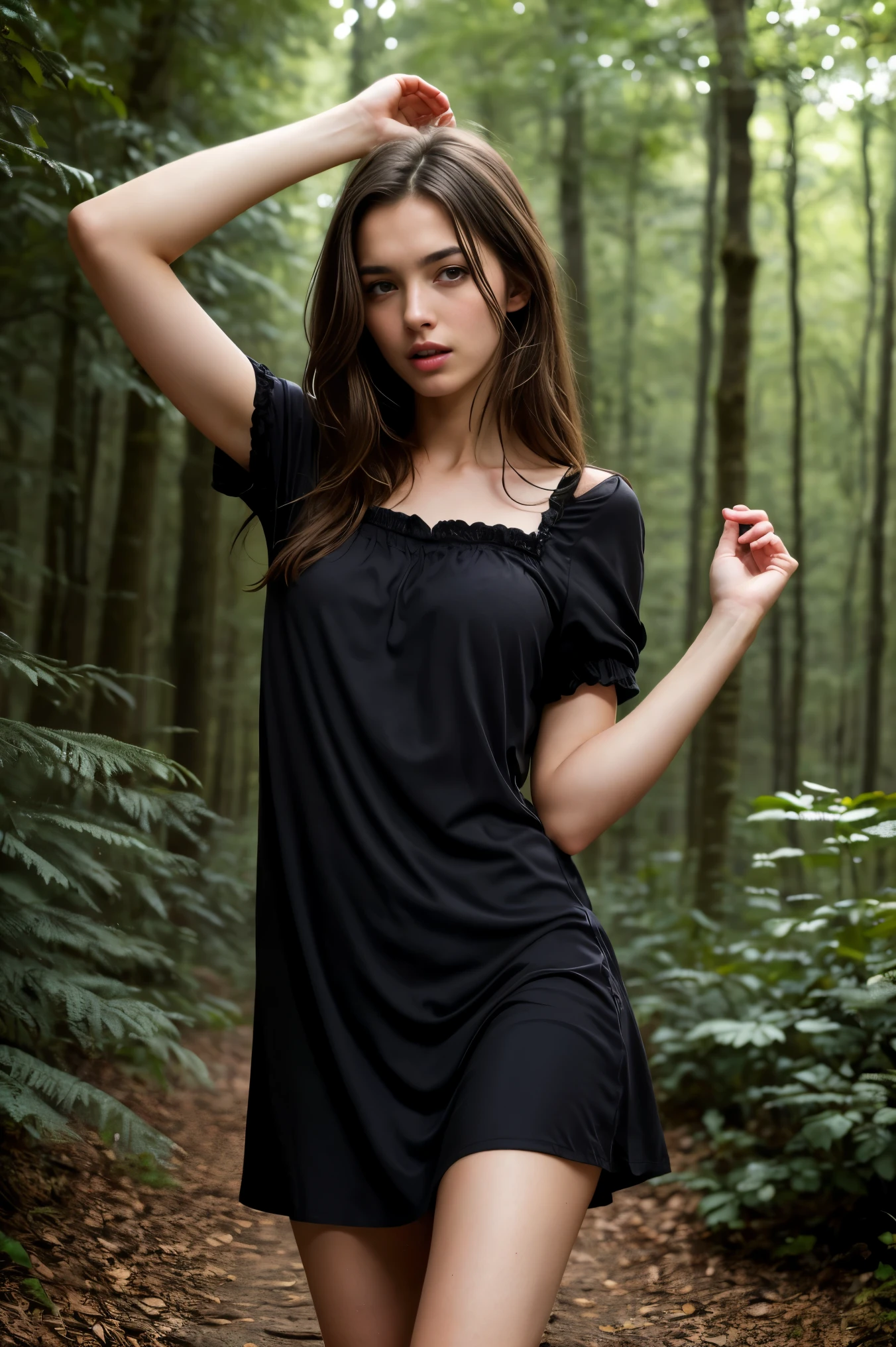 (bestquality,realistic:1.2),(brunette hair:1.1),(French:1.1),(sexy:1.1),(slim figure:1.1),(18 years old:1.1),(handcuffed:1.1),(black nightdress:1.1),(rolled-up sleeves:1.1),(hands up:1.1),(visible legs:1.1),(open mouth:1.1),illustration,forest,detailed eyes,detailed lips,high definition,professional lighting,vivid colors