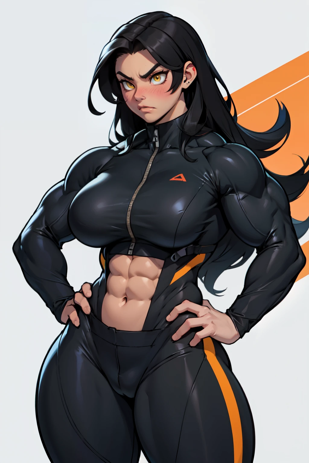 1girl (((muscular toned body))) huge breasts thick thighs wide hips curvy abs black hair yellow eyes very long hair pale skin voluptuous angry blush bodysuit