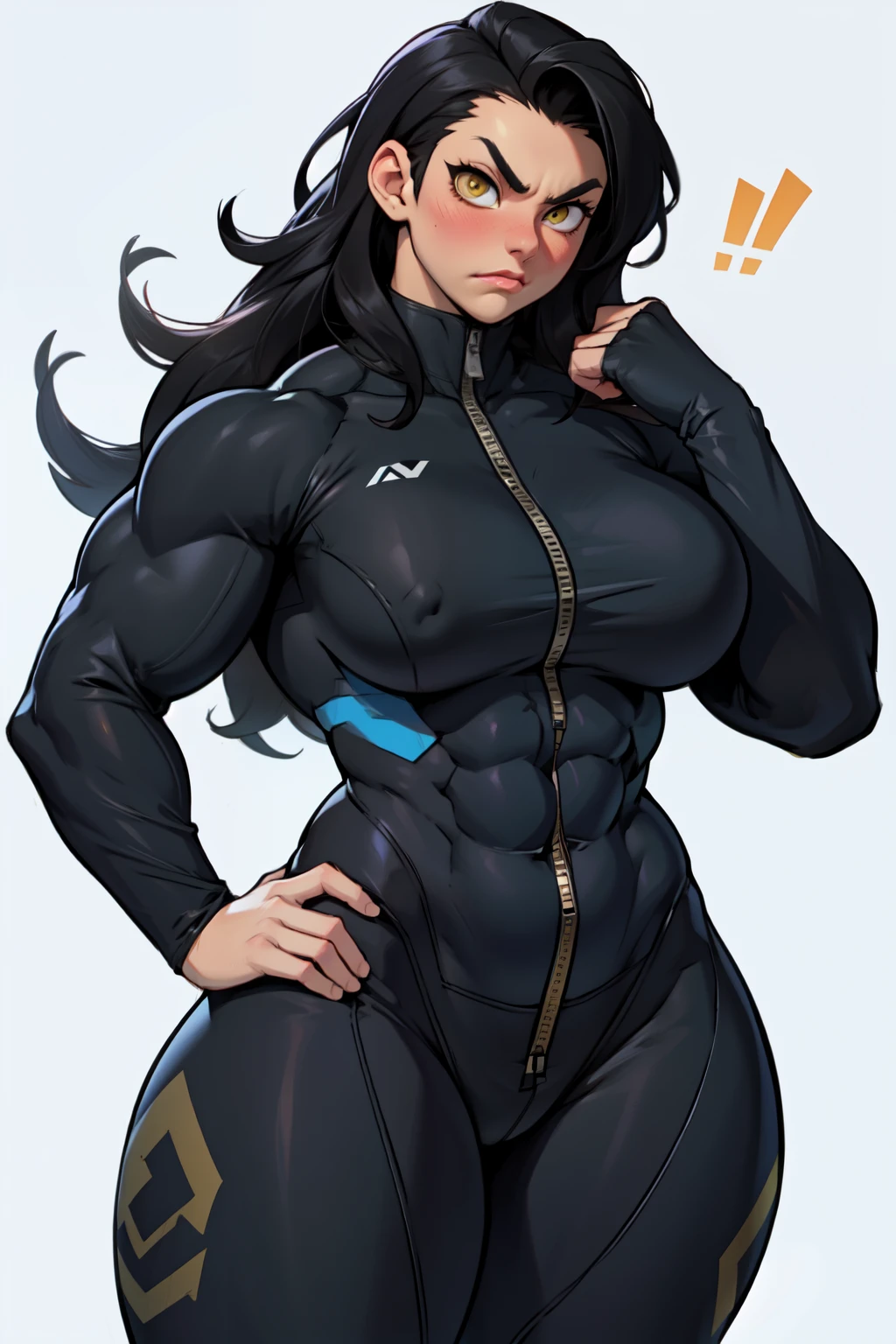 1girl (((muscular toned body))) huge breasts thick thighs wide hips curvy abs black hair yellow eyes very long hair pale skin voluptuous angry blush bodysuit