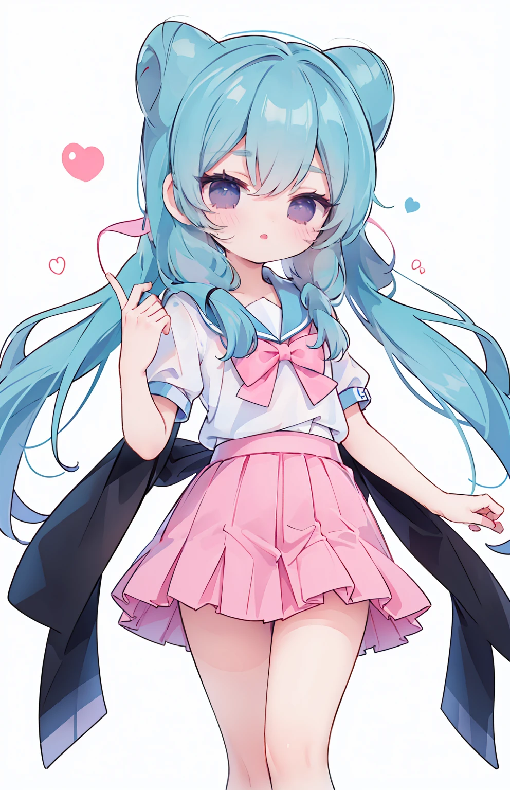 masterpiece, best quality, high resolution, aabeta, double, white simple background, standing, slim waist, cute, sailor uniform, pink bow tie, blue skirt, (PastelColors: 1.3)