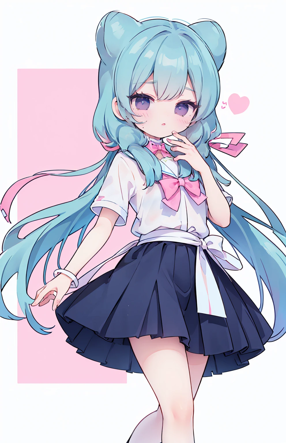 masterpiece, best quality, high resolution, aabeta, double, white simple background, standing, slim waist, cute, sailor uniform, pink bow tie, blue skirt, (PastelColors: 1.3)