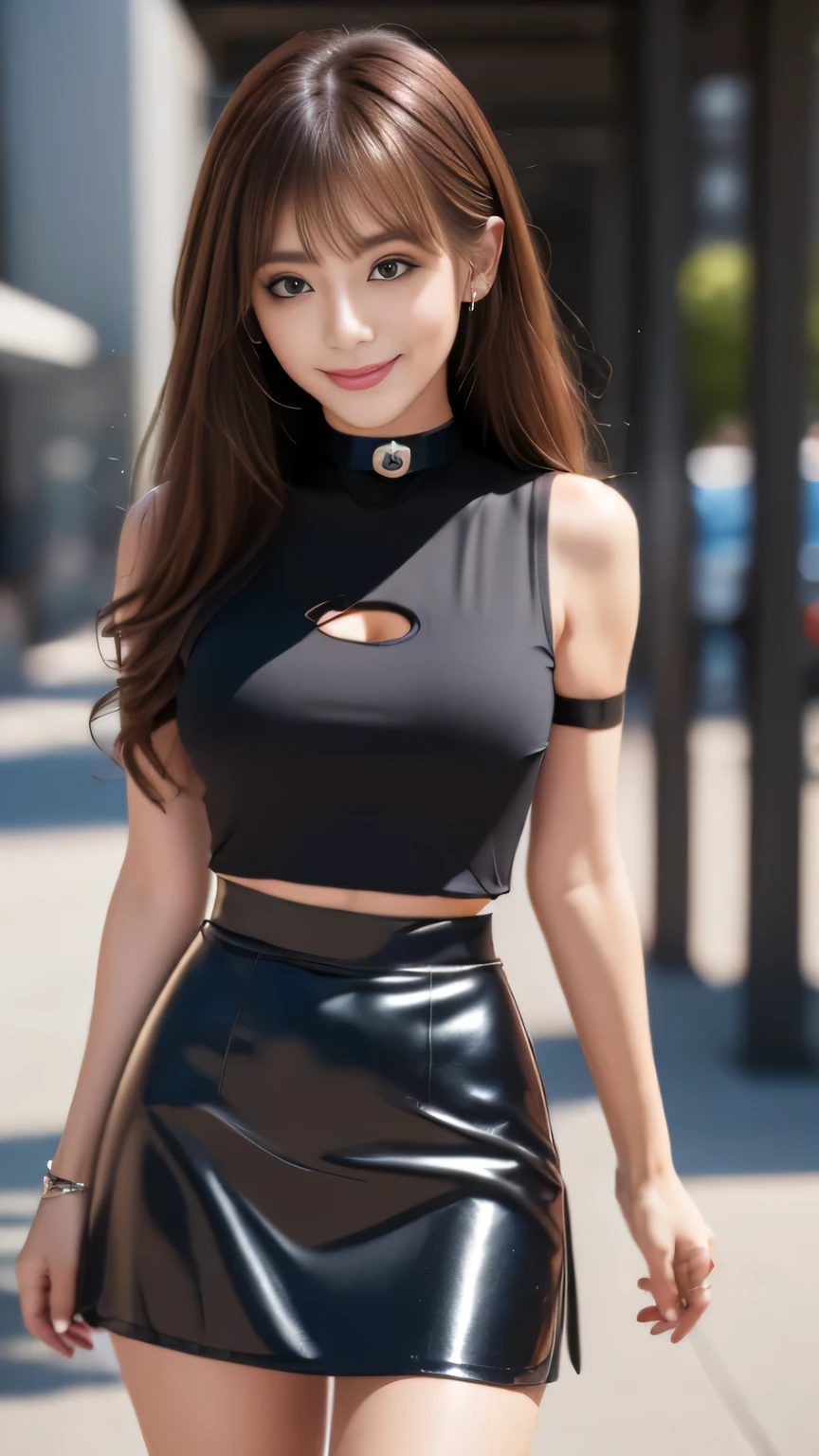 ((highest quality, 8K, Representative works in detail, ultra high resolution)), (looking at the viewer), (cowboy shot), attractive woman, ((big breasts)), smile, ((black choker)), slim body shape, (Blue colored contacts), long eyelashes, bangs, Beautiful shiny brown hair, Nogizaka Idol, slim face、((new employee、business style、mini skirt))