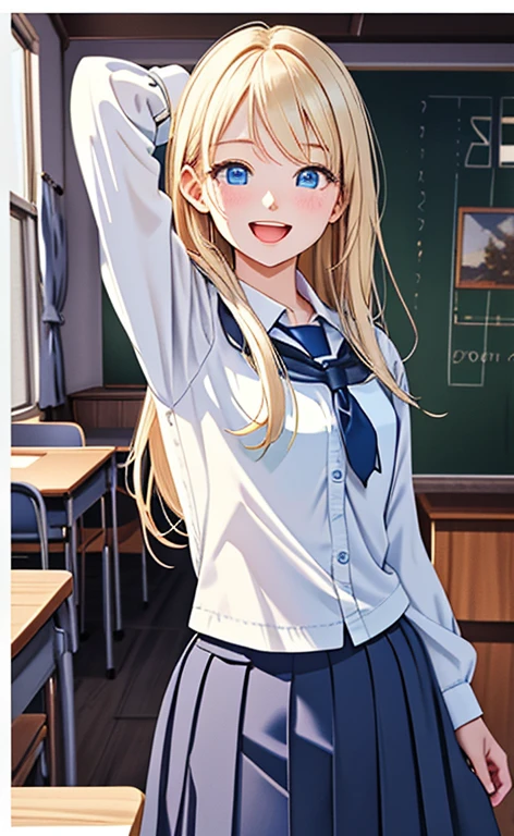(realistic:1.4、masterpiece、top-quality、8k size wallpaper、offcial art)、(portrait,cowboy shot:1.6)、(1girl),(happy,Open mouth:1.3),(half closed eyes),cute face,blue eyes、(arms behind heads:1.3)、
,(stand),(Shining smile),
,(slender),(school uniform),(long fluorescence blonde hair1.3), (small breasts)、
、fluorescence、classroom,JK、