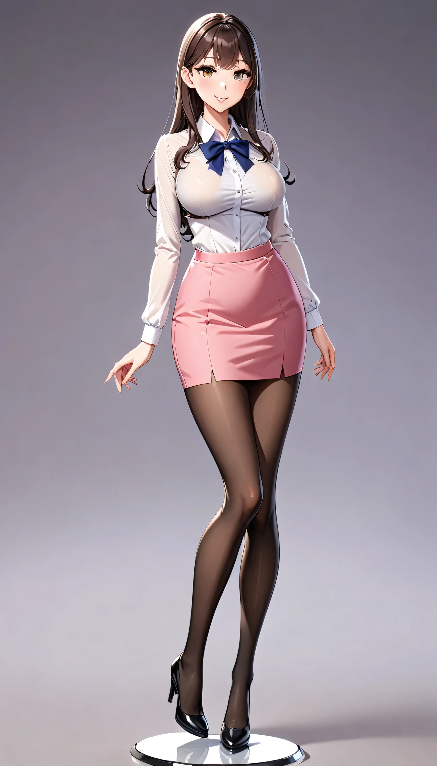 little girl，White shirt top，Pink hip skirt，OL，white collar，Larger bust，Smile，Exquisite and beautiful face，thin legs，tight skirt，Real human skin，high school girls，whole body像， Excellent breasts， Superb figure， black， Transparent，whole body，stockings，