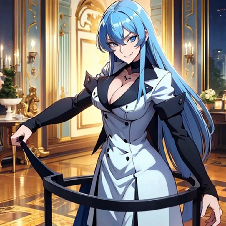 1 girl with long blue hair, blue eyes, blue eyelashes, black suit, big breasts, smiling, in a luxurious mansion, standing, evening style