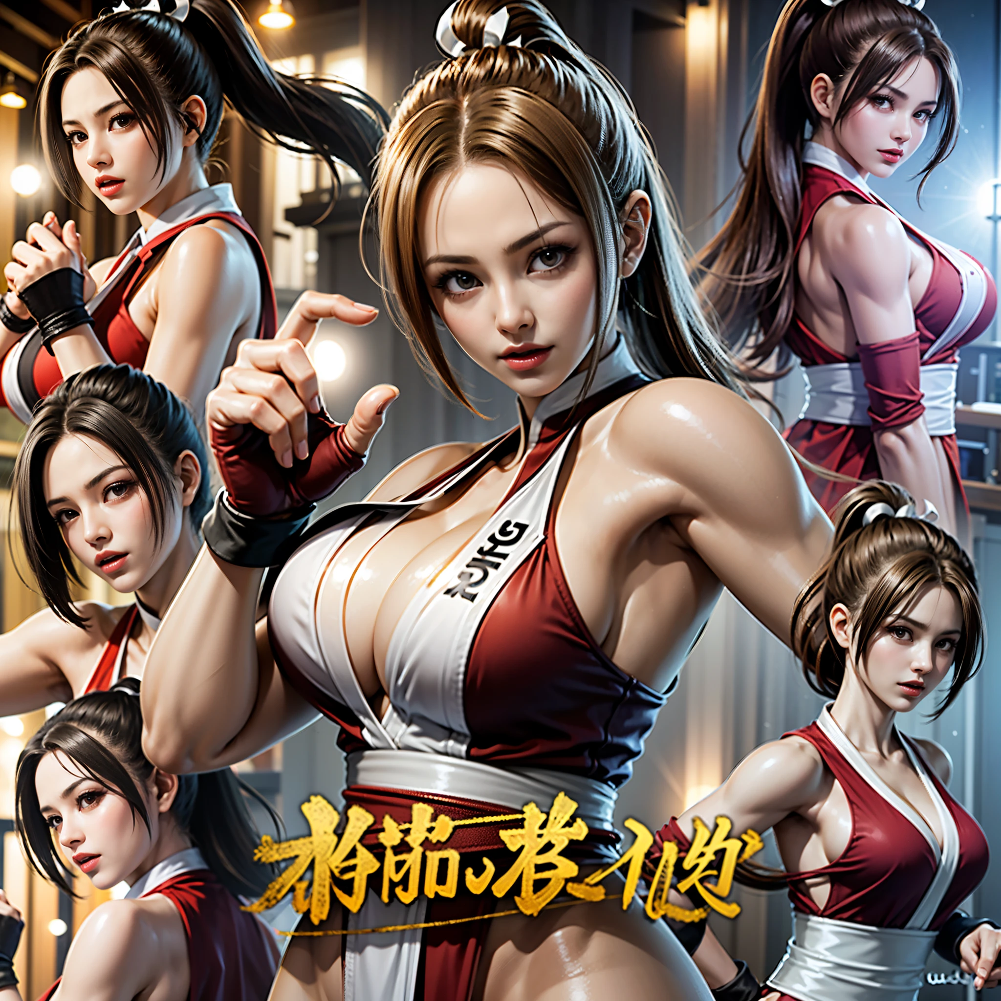 full body，shiranui mai，brown eyes, long hair, brown hair, white ribbon, sleeveless, ponytail, sash, pelvic curtain, arm guards, gloves, tabi,(8k+ultra high resolution+ultra high definition+masterpiece+Very detailed+Award-winning+The award-winning)),(perfect face+supermodel+Delicate skin+high ponytail+huge breasts+perfect hands+beautiful hands+perfect hands指+beautiful hands指+perfect legs+perfect feet),[[[muscle]]],(((anatomically correct))) ，The picture is extremely sharp，The details are meticulous，High-quality；Clever light handling，Create a dramatic atmosphere；Brushstroke Master，Impeccable professionalism，A haunting work of art。