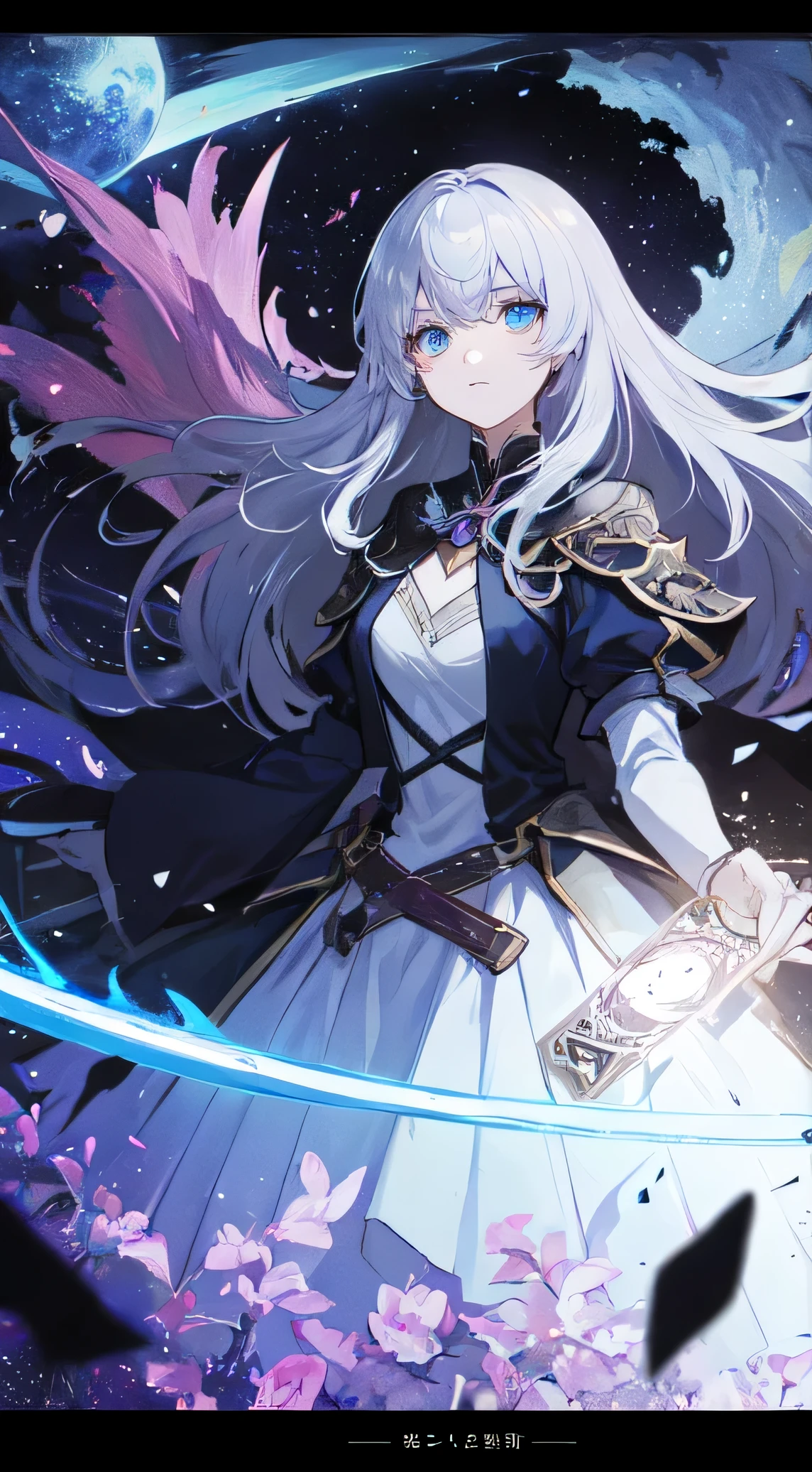 22-year-old female, Medium to long silver hair, blue eyes, swordsman, black light, Princess, Make it like tarot anime style but without the frame, sharp eyes , Double swords, silver energy, silver particles, Moonlight Slash