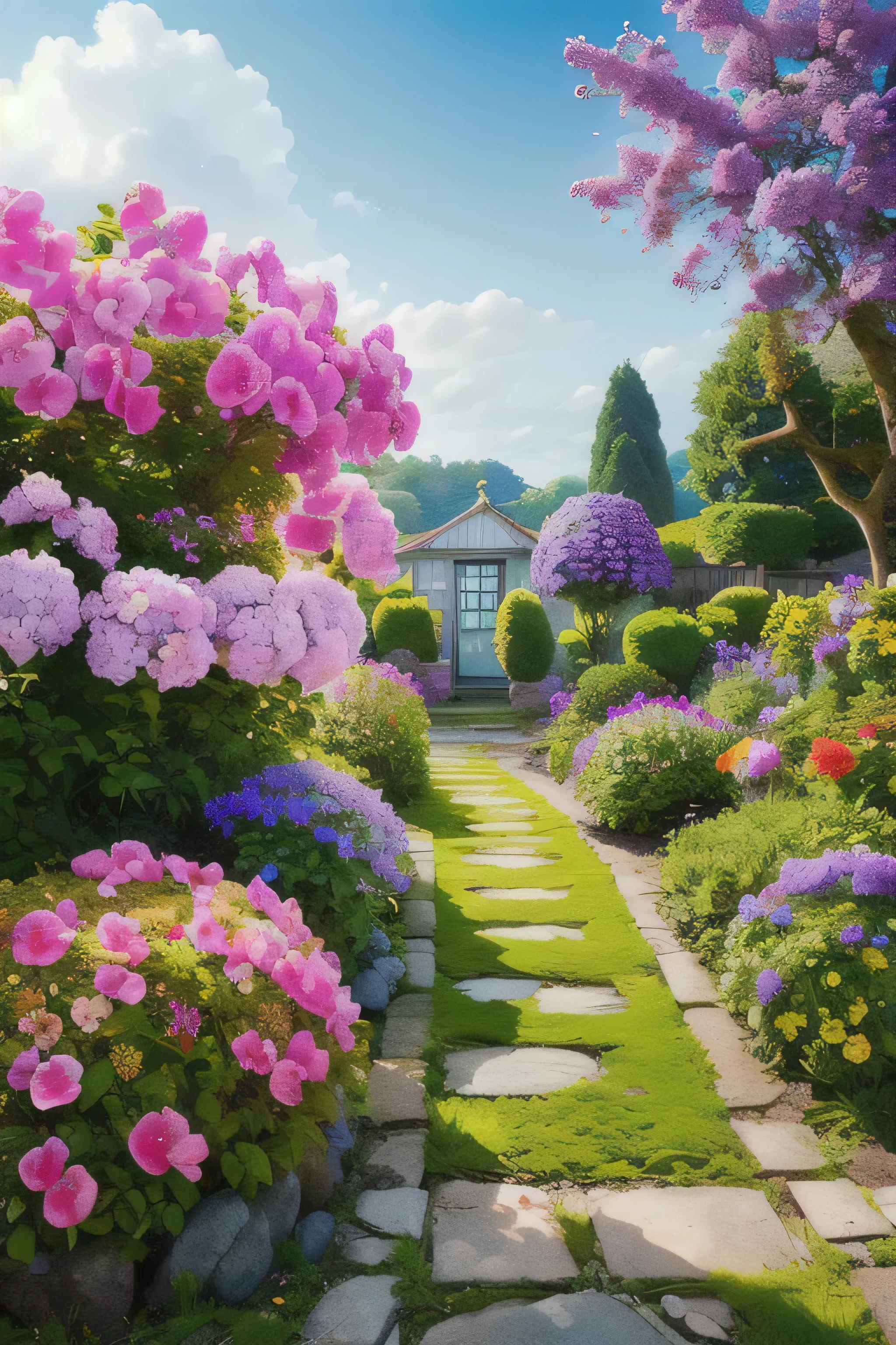 (realistic:1.5) bright colors、Edub fairy tale landscape, scenery, null, hydrangea, purple flowers, sign, Remains, garden, green theme, 