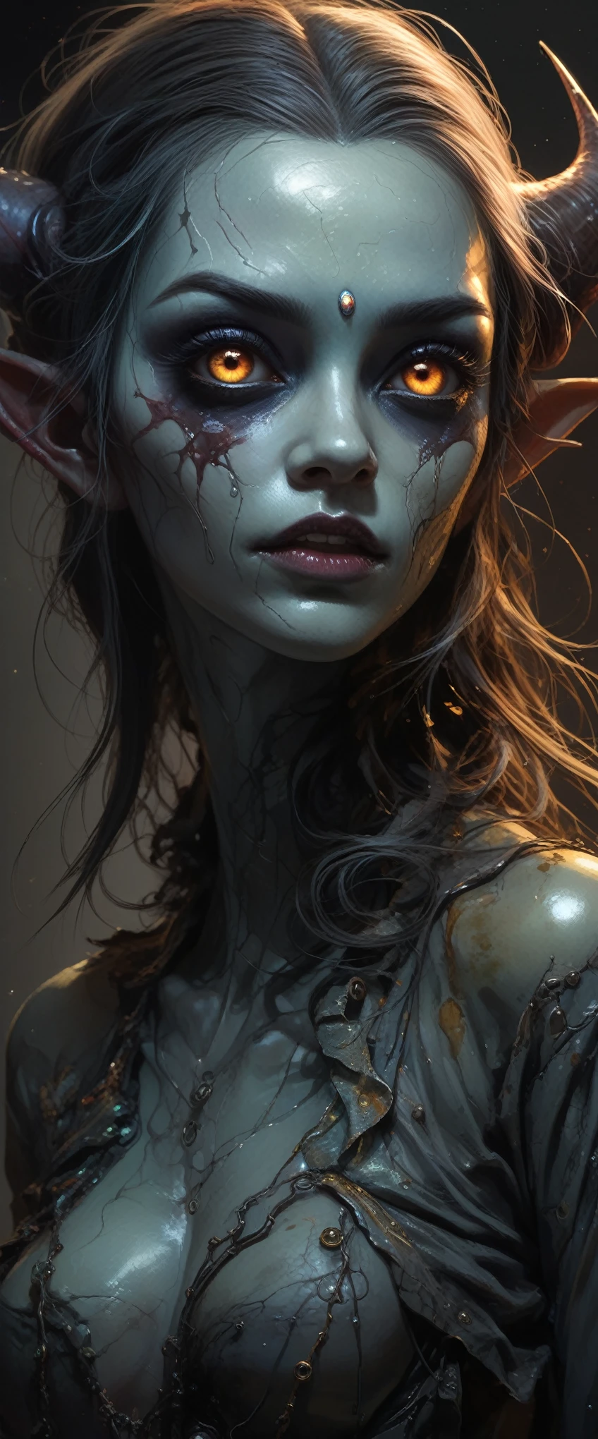 portrait of the most beautiful form of chaos, elegant, a brutalist designed, vivid colours, romanticism, by apterus, (apterus creepy anatomy:1.3), ((ahegao)), rolling_eyes, ((head down)), sharp teeth, maniacal laughter, ((decay and spooky)), atmospheric, trending on artstation, masterpiece, ((symmetry)), death, decay, vengeful japanese ghost, spooky dark village,full body length,opal girl,ogre ,pretty face,eyebrow up,full body shot,ominous Cleavelandite landscape,niobium gray atmosphere,by art Simon Stalenhag,Nicola Samori,(((Wangechi Mutu))),prime colors,urban,extremely detailed,masterpiece,intricate details,faded,eyes extremely detailed, high detailed eyes,16k resolution,RAW, Nikon Z9,scary village,goblin,Zhangjiajie National Forest Park of China
