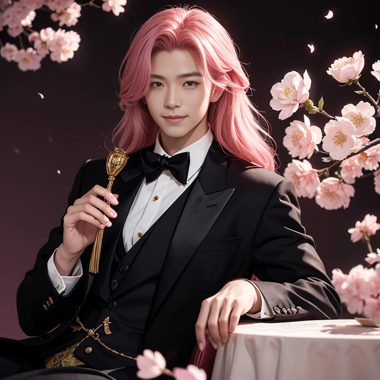 Black Rose: A Chinese Male Anime Illustration: In the heart of a mysteriously lit, 8K output image, a handsome gentleman with long flowing pink hair stands confidently. He dons a cool tuxedo, the gold accents gleaming even in the dim room. In one hand, he cradles a black rose, its velvety petals contrasting starkly against the cool toned background. His golden smile is relaxed and captivating as he locks eyes with the camera. The intricately detailed background revels in the splendor of cherry blossoms, their delicate pink petals blooming against a dark, enigmatic backdrop. He sits gracefully on a heavy-