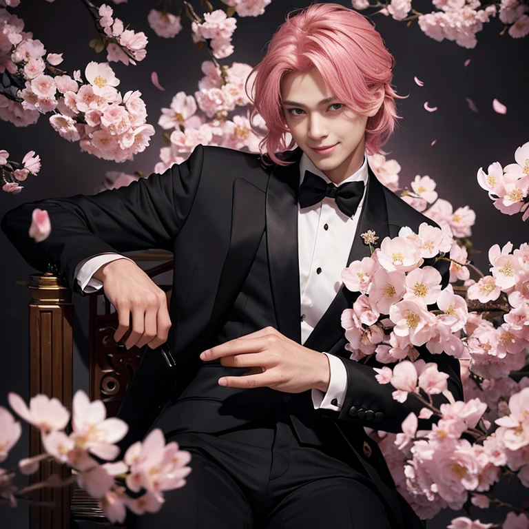 Black Rose: A Chinese Male Anime Illustration: In the heart of a mysteriously lit, 8K output image, a handsome gentleman with long flowing pink hair stands confidently. He dons a cool tuxedo, the gold accents gleaming even in the dim room. In one hand, he cradles a black rose, its velvety petals contrasting starkly against the cool toned background. His golden smile is relaxed and captivating as he locks eyes with the camera. The intricately detailed background revels in the splendor of cherry blossoms, their delicate pink petals blooming against a dark, enigmatic backdrop. He sits gracefully on a heavy-