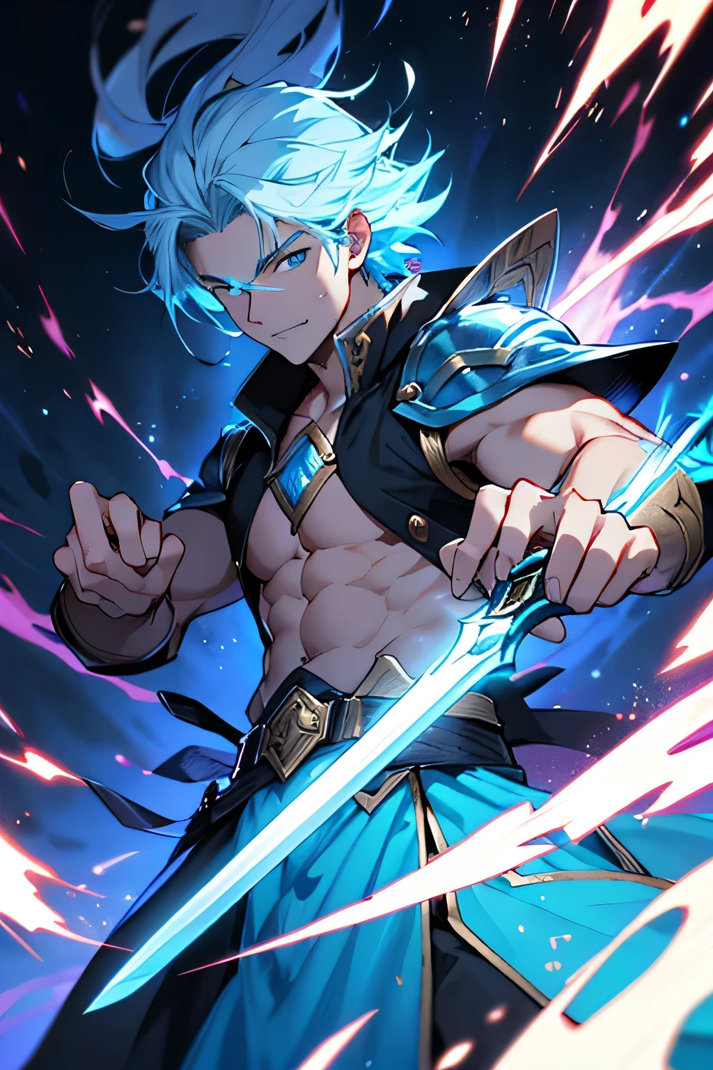 Personagem um jovem rapaz , of a fantastic world, using magic sword , magic and spark effects , cores fortes e brilhantes