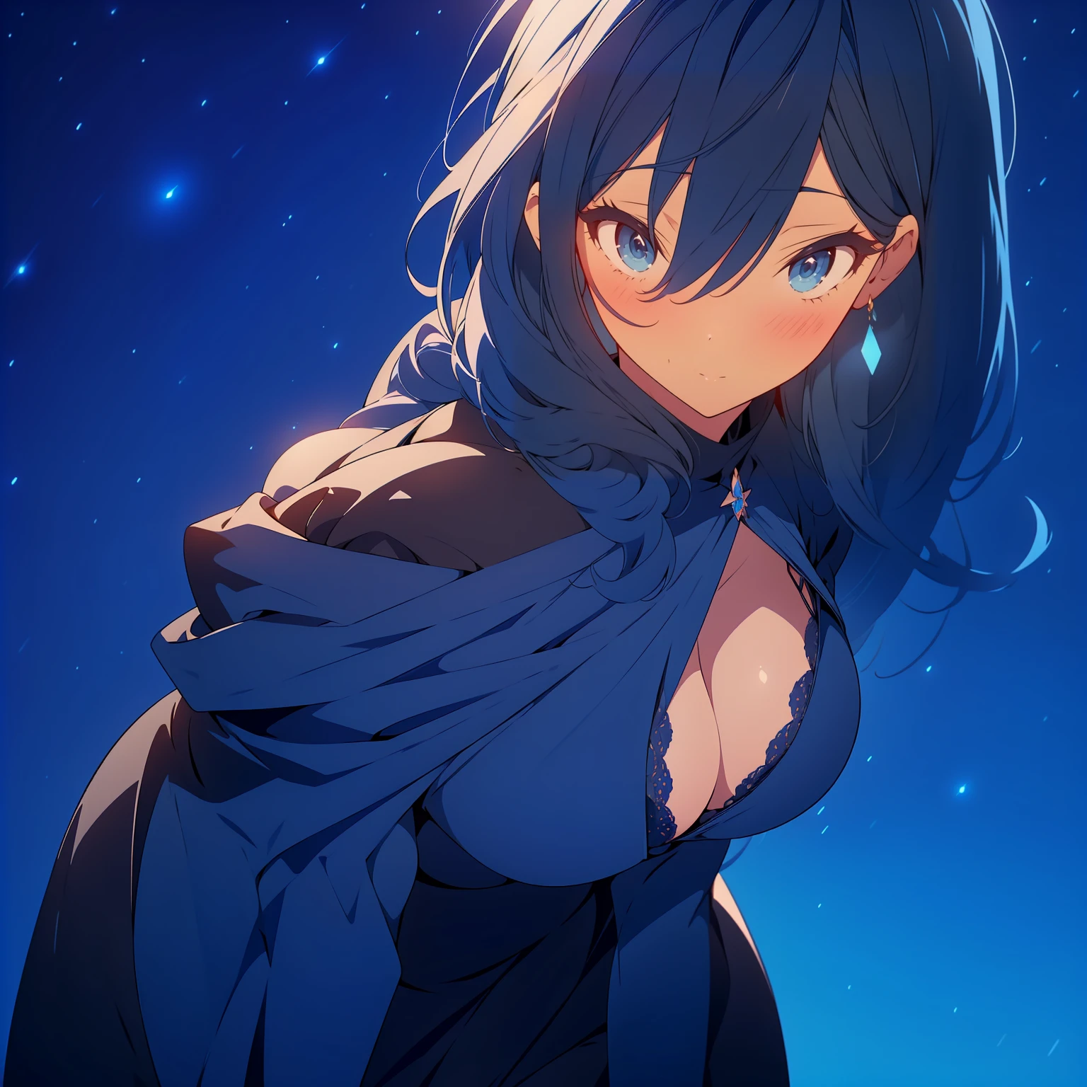 (best quality,ultra-detailed,realistic:1.37),sexy,perfect sensual body (large breast) [voluptuous],nice butt,girl,short black hair,mid-length dress,bright blue eyes,night sky background