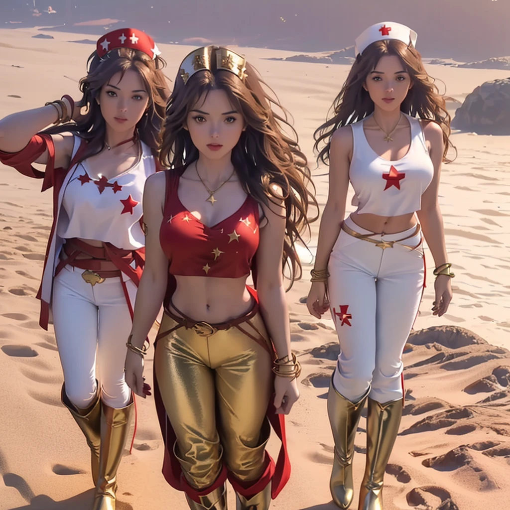 ((realistic) (cinematic) (A beautiful female nurse in middle of photo, appearing on a sand beach, (long dark brown wavy hair), she wears a (red sleeveless outfit with a star symbol on her chest) (, with gold bracelets and a gold belt) (midriff) (White pants) (long red knee boots) 8K UHD (full body)