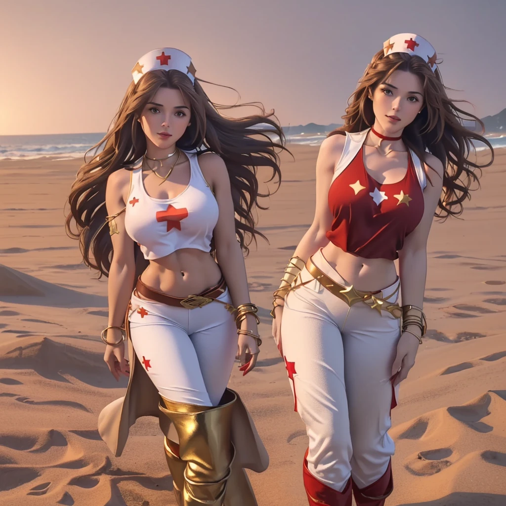 ((realistic) (cinematic) (A beautiful female nurse in middle of photo, appearing on a sand beach, (long dark brown wavy hair), she wears a (red sleeveless outfit with a star symbol on her chest) (, with gold bracelets and a gold belt) (midriff) (White pants) (long red knee boots) 8K UHD (full body)