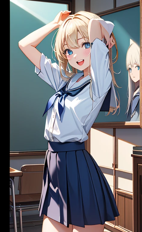 (realistic:1.4、masterpiece、top-quality、8k size wallpaper、offcial art)、(portrait,cowboy shot:1.6)、(1girl),(happy,Open mouth:1.3),(half closed eyes),cute face,blue eyes、(arms behind heads:1.5)、
,(stand),(Shining smile),
,(slender),(school uniform),(long fluorescence blonde hair1.3), (small breasts)、
、fluorescence、classroom,JK、