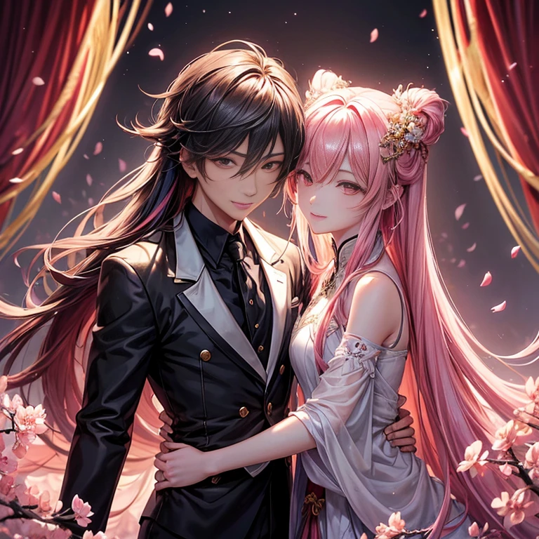 imagem 16:9 generate the image of a man anime style, A cute woman, girls hugging the guy in the middle, girls in sexy clothes, sensual necklines, attractive girls, very cute anime style characters, manhwa style, long-haired man wearing Chinese royal clothes, anime traits, thick anime lines, few detail, simpler drawing, woman with him with short black hair to the shoulder, background of a dark room with purple tones, behind another woman with orange hair smiling, man with a slender face and long straight hair, he has sea blue eyes and straight hair down to his back, black haired woman with striking pink eyes, strong cores and lights, a third woman with pink hair, pink haired woman next to the others, only 4 characters in the image, hot characters, big boobies 