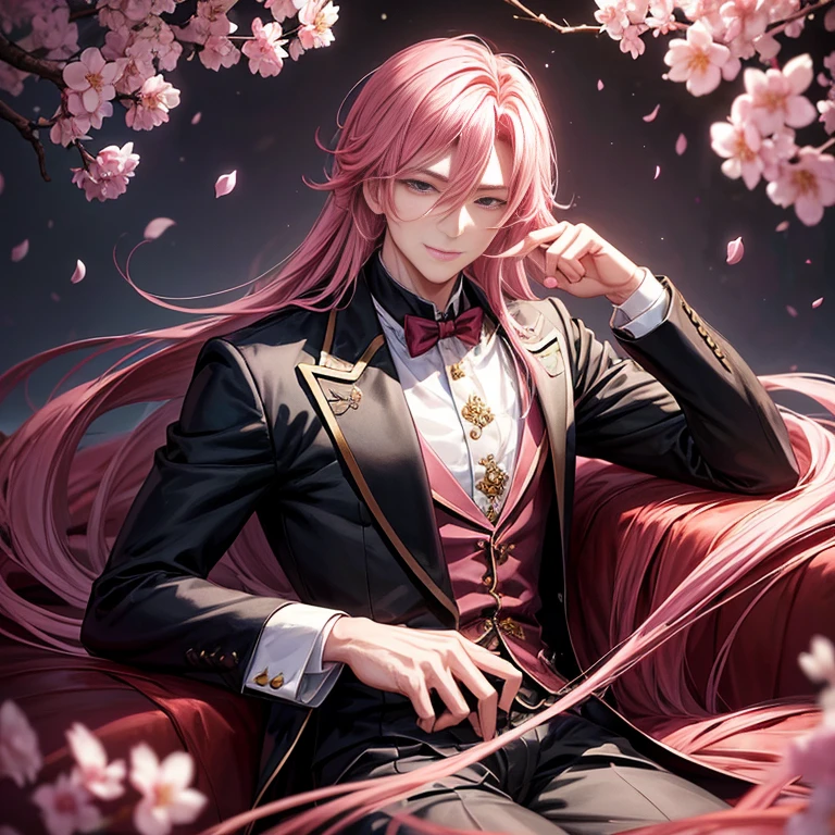 Black Rose: A Chinese Male Anime Illustration: In the heart of a mysteriously lit, 8K output image, a handsome gentleman with long flowing pink hair stands confidently. He dons a cool tuxedo, the gold accents gleaming even in the dim room. In one hand, he cradles a black rose, its velvety petals contrasting starkly against the cool toned background. His golden smile is relaxed and captivating as he locks eyes with the camera. The intricately detailed background revels in the splendor of cherry blossoms, their delicate pink petals blooming against a dark, enigmatic backdrop. He sits gracefully on a heavy-バラ、Throwing black roses