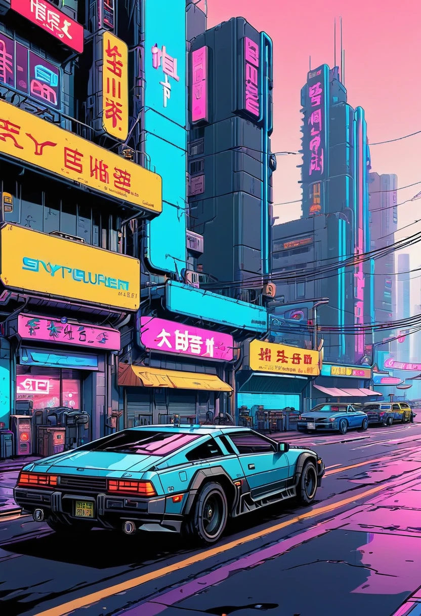 cyberpunk street, side view, 2D game style, pixel art style, cool vendors, roads and cars,