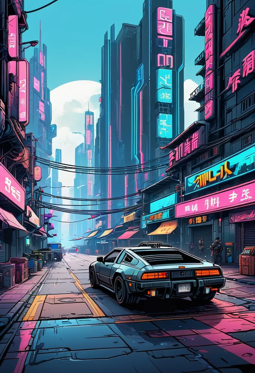 cyberpunk street, side view, 2D game style, pixel art style, cool vendors, roads and cars,