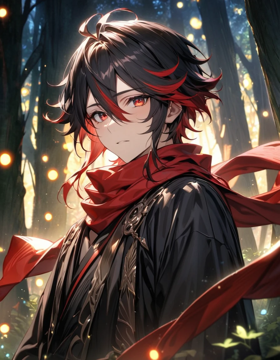 absurdres, highres, ultra detailed, HDR, master piece, best quality, Hizen Tadahiro, Gemini hair, left half red hair, right half black hair, hair between the eyes, expressive red eyes, solo, 1man, handsome, black kimono, red scarf, magical forest, blue fireflies, Genshin Impact