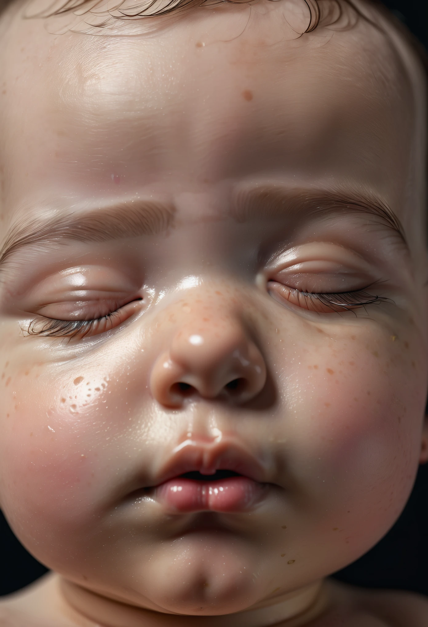 close up of hyper  realistic baby with closed eyes and few eyebrows, visible pores,  front light and slightly markIed shadows. closed eyes. Non freckles