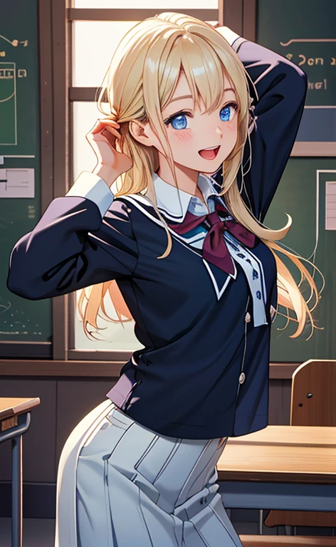 (realistic:1.4、masterpiece、top-quality、8k size wallpaper、offcial art)、(portrait,cowboy shot:1.6)、(1girl),(happy,Open mouth:1.3),(half closed eyes),cute face,blue eyes、(arms behind heads:1.5)、
,(stand),(Shining smile),
,(slender),(school uniform),(long fluorescence blonde hair1.3), (small breasts)、
、fluorescence、classroom,JK、
