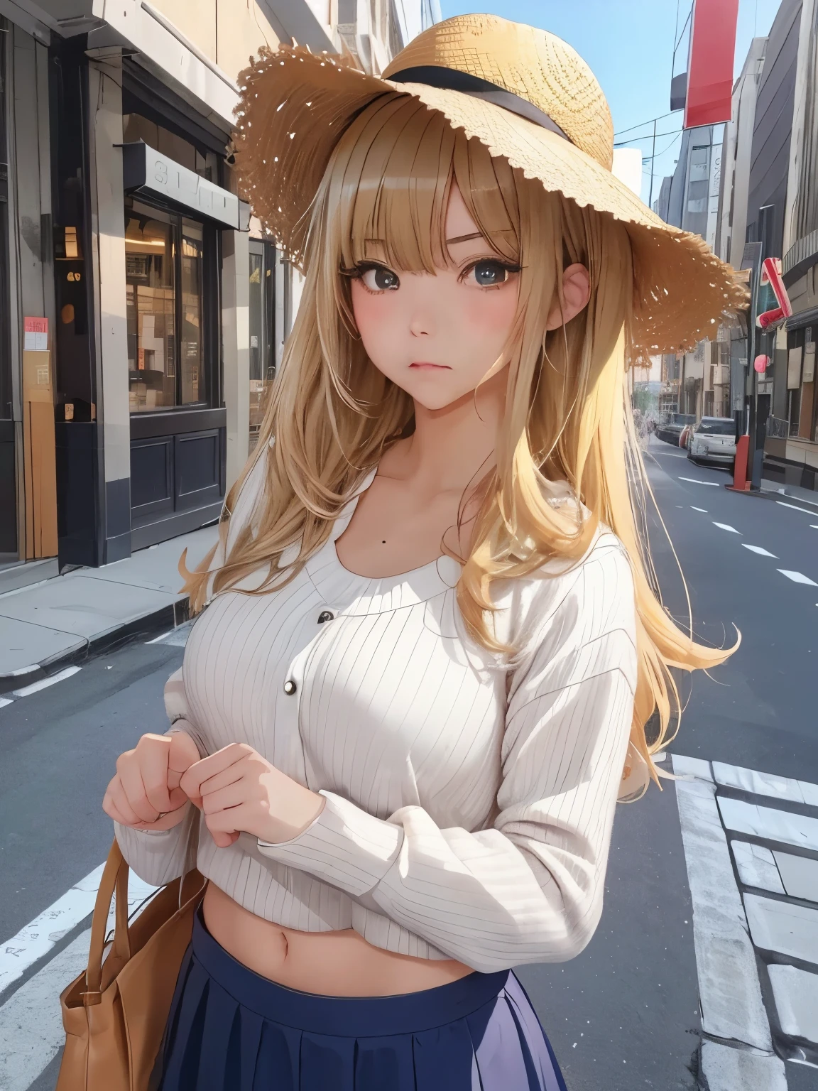 highest quality、masterpiece、ultra high resolution、(photorealistic:1.4)、glowing skin、shiny skin、raw photos、1 girl、１people、solo、18-year-old、high school girl、((blonde、golden hair))、((Get angry、glare、glare、口を開けてGet angry))、Full body Esbian、double eyelid、Loose and fluffy perm、medium long hair、soft chest、Glamour、Navel exposed、city、street、city中、one piece、skirt、straw hat